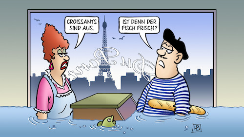 Cartoon: Unwetter Frankreich (medium) by Harm Bengen tagged croissants,unwetter,frankreich,paris,hochwasser,fisch,bäckerei,harm,bengen,cartoon,karikatur,croissants,unwetter,frankreich,paris,hochwasser,fisch,bäckerei,harm,bengen,cartoon,karikatur