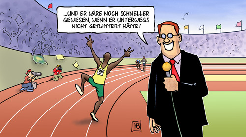 Cartoon: Usain Bolt (medium) by Harm Bengen tagged usain,bolt,olympia,rekord,sprint,weltrekorde,twitter,reporter,stadion,usain,olympia,rekord,sprint,weltrekorde,twitter,reporter,stadion
