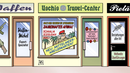 Cartoon: Uschis Travel-Center (medium) by Harm Bengen tagged uschis,travel,center,reisebüro,leyen,verteidigungsministerin,afrika,somalia,südsudan,mali,mittelmeer,kreuzfahrten,waffen,michel,export,spezialist,bestattungen,tod,bundeswehr,auslandseinsätze,harm,bengen,cartoon,karikatur,uschis,travel,center,reisebüro,leyen,verteidigungsministerin,afrika,somalia,südsudan,mali,mittelmeer,kreuzfahrten,waffen,michel,export,spezialist,bestattungen,tod,bundeswehr,auslandseinsätze,harm,bengen,cartoon,karikatur