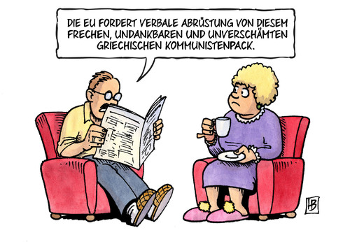 Cartoon: Verbale Abrüstung (medium) by Harm Bengen tagged verbale,abrüstung,martin,schulz,frech,undankbar,unverschämt,kommunistenpack,kommunisten,schimpfworte,grieche,eu,europa,griechenland,wahl,alexis,tsipras,links,syriza,harm,bengen,cartoon,karikatur,verbale,abrüstung,martin,schulz,frech,undankbar,unverschämt,kommunistenpack,kommunisten,schimpfworte,grieche,eu,europa,griechenland,wahl,alexis,tsipras,links,syriza,harm,bengen,cartoon,karikatur