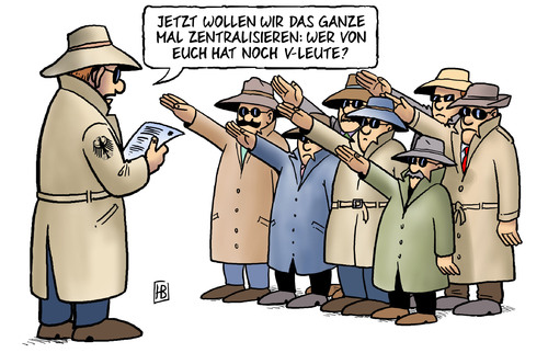 Cartoon: Verfassungsschutz zentralisieren (medium) by Harm Bengen tagged vleute,vmann,verfassungsschutz,npd,nazis,terror,terrorzelle,nsu,braun,faschisten,faschismus,verbot,zentralisieren,neonaziregister,neonazidatei,hitlergruss,gewalt,mord,vleute,vmann,verfassungsschutz,npd,nazis,terror,terrorzelle,nsu,faschisten,faschismus,verbot,zentralisieren,neonaziregister,nazi