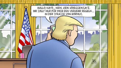 Cartoon: Verkehr regeln (medium) by Harm Bengen tagged nato,verkehr,regeln,krieg,usa,iran,israel,straße,von,hormus,hilfe,trump,handy,oval,office,harm,bengen,cartoon,karikatur,nato,verkehr,regeln,krieg,usa,iran,israel,straße,von,hormus,hilfe,trump,handy,oval,office,harm,bengen,cartoon,karikatur