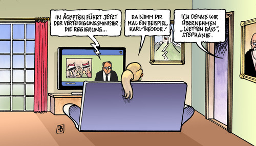 Cartoon: Verteidigungsminister (medium) by Harm Bengen tagged verteidigungsminister,guttenberg,karl,theodor,stephanie,ägypten,regierung,militär,revolution,bayern,tv,show,gottschalk,wetten,dass,verteidigungsminister,guttenberg,ägypten,regierung,revolution,militär,bayern,tv,show,gottschalk,wetten dass,wetten,dass