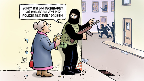 Cartoon: Verwechslung (medium) by Harm Bengen tagged verwechslung,dschihadist,kollegen,polizei,terrorismus,paris,freiheit,pressefreiheit,religionsfreiheit,charlie,hebdo,satire,zeitschrift,terror,islamisten,islam,is,anschlag,mord,harm,bengen,cartoon,karikatur,verwechslung,dschihadist,kollegen,polizei,terrorismus,paris,freiheit,pressefreiheit,religionsfreiheit,charlie,hebdo,satire,zeitschrift,terror,islamisten,islam,is,anschlag,mord,harm,bengen,cartoon,karikatur