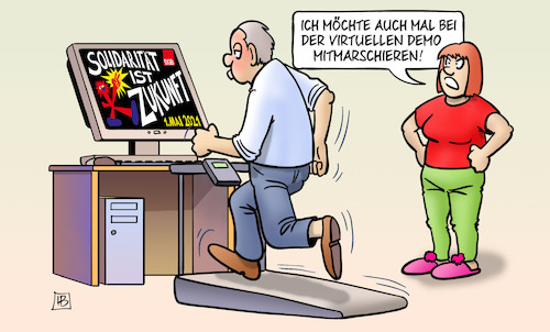 Cartoon: Virtuelle Mai-Demonstration (medium) by Harm Bengen tagged virtuelle,erster,mai,demonstration,mitmarschieren,computer,dgb,laufband,feiertag,tag,der,arbeit,fitness,harm,bengen,cartoon,karikatur,virtuelle,erster,mai,demonstration,mitmarschieren,computer,dgb,laufband,feiertag,tag,der,arbeit,fitness,harm,bengen,cartoon,karikatur