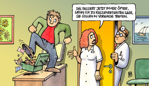 Cartoon: Vorkasse (medium) by Harm Bengen tagged vorkasse,treten,gesundheitswesen,gesundheitsreform,krankenkasse,kassenpatient,privatpatient,patient,sprechstundenhilfe,arzt,doktor,praxis,geld,versicherung,krankenversicherung,beiträge,zusatzbeiträge,rösler,vorkasse,gesundheitswesen,gesundheitsreform,krankenkasse,kassenpatient,privatpatient,patient,sprechstundenhilfe,arzt,doktor,praxis,geld,versicherung,krankenversicherung,beiträge,gesundheit