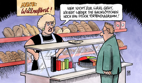 Cartoon: Wählen gehen! (medium) by Harm Bengen tagged wählen,wahl,bundestagswahl,balkendiagramm,tortendiagramm,wahlergebnis,bäckerei,bäcker,brot,kunde,wähler,wählen,wahl,wahlen,bundestagswahl,balkendiagramm,tortendiagramm,wahlergebnis,bäckerei,bäcker,brot,kunde,wähler