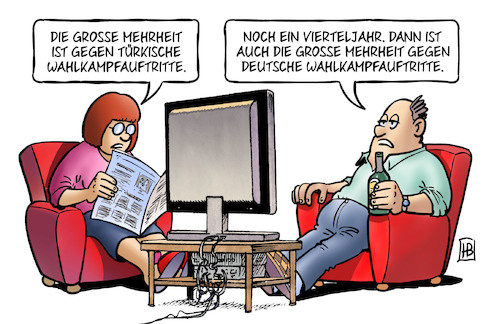 Cartoon: Wahlkampfauftritte (medium) by Harm Bengen tagged mehrheit,türkische,wahlkampfauftritte,türkei,vierteljahr,bundestagswahl,zeitung,tv,harm,bengen,cartoon,karikatur,mehrheit,türkische,wahlkampfauftritte,türkei,vierteljahr,bundestagswahl,zeitung,tv,harm,bengen,cartoon,karikatur