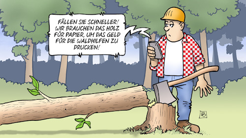 Cartoon: Waldhilfen (medium) by Harm Bengen tagged zweiter,waldgipfel,fällen,holzfäller,wald,holz,papier,geld,waldhilfen,drucken,harm,bengen,cartoon,karikatur,zweiter,waldgipfel,fällen,holzfäller,wald,holz,papier,geld,waldhilfen,drucken,harm,bengen,cartoon,karikatur