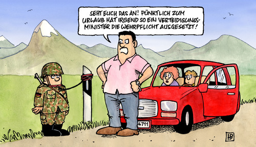 Cartoon: Wehrpflichtaussetzung (medium) by Harm Bengen tagged wehrpflichtaussetzung,wehrpflicht,aussetzung,aussetzen,bundeswehr,armee,soldaten,wehrdienst,zivildienst,sparen,verkürzen,geld,haushalt,reform,minister,verteidigungsminister,guttenberg,bundeswehr,militär,soldaten,guttenberg,cdu,csu,wehrpflicht,börse,berufsarmee,armee,wehrpflichtaussetzung,aussetzung,aussetzen,zivildienst,wehrdienst,sparen,haushalt,minister,verteidigungsminister