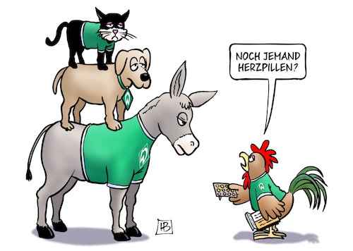 Cartoon: Werder-Herzpillen (medium) by Harm Bengen tagged werder,bremen,herzpillen,bundesliga,abstiegskampf,angst,bremer,stadtmusikanten,harm,bengen,cartoon,karikatur,werder,bremen,herzpillen,bundesliga,abstiegskampf,angst,bremer,stadtmusikanten,harm,bengen,cartoon,karikatur