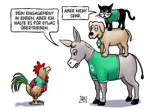 Cartoon: Werder-Krise (medium) by Harm Bengen tagged werder,fussball,bundesliga,bremen,bremer,stadtmusikanten,esel,hund,katze,hahn,selbstmordattentäter,krise,engagement,harm,bengen,cartoon,karikatur,werder,fussball,bundesliga,bremen,bremer,stadtmusikanten,esel,hund,katze,hahn,selbstmordattentäter,krise,engagement,harm,bengen,cartoon,karikatur