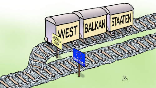 Cartoon: Westbalkan-Gipfel (medium) by Harm Bengen tagged west,balkan,staaten,westbalkan,gipfel,eu,beitritt,abstellgleis,zug,bahn,gleise,weiche,beitrittsverhandlungen,harm,bengen,cartoon,karikatur,west,balkan,staaten,westbalkan,gipfel,eu,beitritt,abstellgleis,zug,bahn,gleise,weiche,beitrittsverhandlungen,harm,bengen,cartoon,karikatur