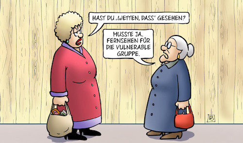 Cartoon: Wetten dass 1 (medium) by Harm Bengen tagged wetten,dass,fernsehen,show,gottschalk,alter,langeweile,tv,zdf,vulnerable,gruppe,susemil,jutta,harm,bengen,cartoon,karikatur,wetten,dass,fernsehen,show,gottschalk,alter,langeweile,tv,zdf,vulnerable,gruppe,susemil,jutta,harm,bengen,cartoon,karikatur