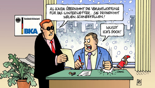 Cartoon: Wetter-Verantwortung (medium) by Harm Bengen tagged alkaida,winter,verantwortung,wetter,al,kaida,schnee,eis,chaos,terror,lufthansa,bahn,db,wetter,verantwortung,winter,schnee,chaos,terror,lufthansa,bahn,db