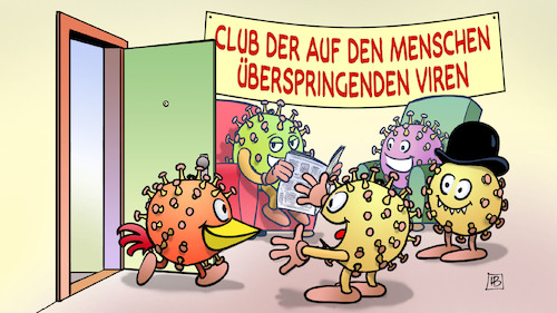 Cartoon: Willkommen H5N8 (medium) by Harm Bengen tagged willkommen,h5n8,vogelgrippe,club,menschen,überspringende,viren,corona,empfang,harm,bengen,cartoon,karikatur,willkommen,h5n8,vogelgrippe,club,menschen,überspringende,viren,corona,empfang,harm,bengen,cartoon,karikatur