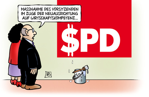 Cartoon: Wirtschaftskompetenz (medium) by Harm Bengen tagged massnahme,vorsitzende,gabriel,partei,spd,neuausrichtung,wirtschaftskompetenz,farbe,dollar,geld,wirtschaft,soziales,harm,bengen,cartoon,karikatur,massnahme,vorsitzende,gabriel,partei,spd,neuausrichtung,wirtschaftskompetenz,farbe,dollar,geld,wirtschaft,soziales,harm,bengen,cartoon,karikatur