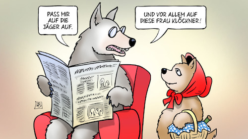 Cartoon: Wolf-Abschuss (medium) by Harm Bengen tagged wolf,wölfe,abschuss,jäger,rotkäppchen,märchen,naturschutz,klöckner,harm,bengen,cartoon,karikatur,wolf,wölfe,abschuss,jäger,rotkäppchen,märchen,naturschutz,klöckner,harm,bengen,cartoon,karikatur