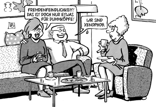 Cartoon: Xenophob (medium) by Harm Bengen tagged fremdenfeindlichkeit,xenophob,pegida,troeglitz,nazis,brandanschlag,flüchtlinge,asyl,harm,bengen,cartoon,karikatur
