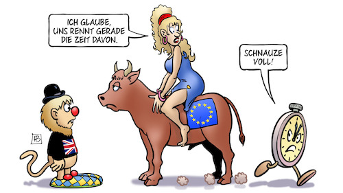 Cartoon: Zeit läuft davon (medium) by Harm Bengen tagged zeit,rennt,läuft,davon,uhr,brexit,europa,stier,löwe,uk,gb,verhandlungen,harm,bengen,cartoon,karikatur,zeit,rennt,läuft,davon,uhr,brexit,europa,stier,löwe,uk,gb,verhandlungen,harm,bengen,cartoon,karikatur