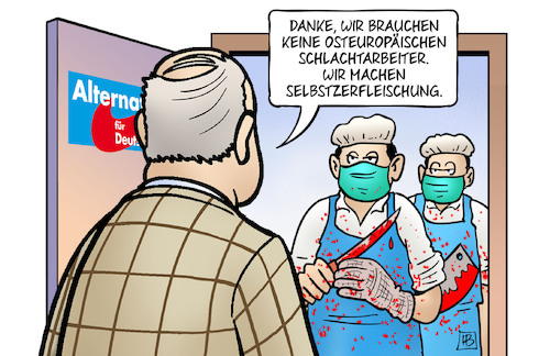 Cartoon: Zerfleischung (medium) by Harm Bengen tagged osteuropäische,schlachtarbeiter,selbstzerfleischung,afd,gauland,fleischindustrie,schlachtbetriebe,werkverträge,leiharbeiter,corona,coronavirus,ansteckung,pandemie,epidemie,krankheit,schaden,harm,bengen,cartoon,karikatur,osteuropäische,schlachtarbeiter,selbstzerfleischung,afd,gauland,fleischindustrie,schlachtbetriebe,werkverträge,leiharbeiter,corona,coronavirus,ansteckung,pandemie,epidemie,krankheit,schaden,harm,bengen,cartoon,karikatur