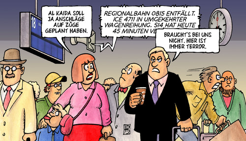 Cartoon: Zuganschläge (medium) by Harm Bengen tagged zuganschläge,zug,bahn,bundesbahn,db,verspätung,zugausfall,bahnhof,reise,reisende,fahrgast,fahrgäste,koffer,terror,osama,bin,laden,alkaida,al,kaida,plan,zuganschläge,zug,bahn,bundesbahn,db,verspätung,zugausfall,bahnhof,reise,reisende,fahrgast,koffer,terror,fahrgäste,osama bin laden,osama,bin,laden