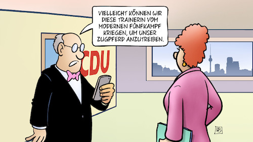 Cartoon: Zugpferd-Trainerin (medium) by Harm Bengen tagged olympia,trainerin,moderner,fünfkampf,antreiben,schlagen,hau,richtig,drauf,laschet,bundestagswahl,kanzlerkandidat,zugpferd,harm,bengen,cartoon,karikatur,olympia,trainerin,moderner,fünfkampf,antreiben,schlagen,hau,richtig,drauf,laschet,bundestagswahl,kanzlerkandidat,zugpferd,harm,bengen,cartoon,karikatur