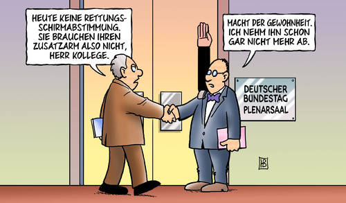 Cartoon: Zusatzarm (medium) by Harm Bengen tagged zusatzarm,bundestag,abstimmung,abgeordnete,griechen,griechenland,gipfel,merkel,sarkozy,deutschland,frankreich,ezb,banken,hebel,rettungsschirm,efsf,eu,euro,eurokrise,finanzminister,schirm,kredithebel,kredit,schulden,aufstockung,schuldenkrise,krise,anleihen,stabilisierung,zusatzarm,bundestag,abstimmung,abgeordnete,griechen,griechenland,gipfel,sarkozy,deutschland