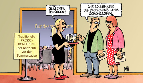 Cartoon: Zwischenbilanz (medium) by Harm Bengen tagged zwischenbilanz,kanzlerin,merkel,pressekonferenz,bundespressekonferenz,sommerpause,prosecco,schönsaufen,schöntrinken,zwischenbilanz,bundeskanzlerin,angela merkel,pressekonferenz,bundespressekonferenz,sommerpause,prosecco,schönsaufen,schöntrinken,angela,merkel