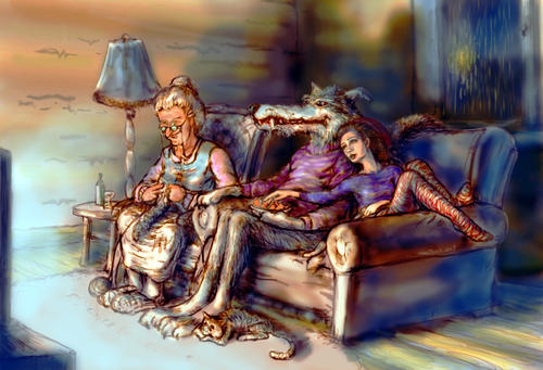 Cartoon: couch weather (medium) by nootoon tagged rain,couch,wolf,grandma,redridinghood,illustrator,peace,nootoon,germany