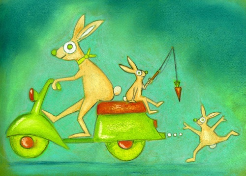 Cartoon: Drei Hasen und eine Möhre (medium) by ninaboosart tagged kaninchen,moped,möhren