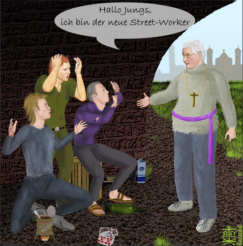 Cartoon: Street-Worker (medium) by Dadaphil tagged augsburg,bishop,bridge,homeless,bischof,brücke,obdachlos,dadaphil,religion,kirche,missbrauch,schlagen,mixa