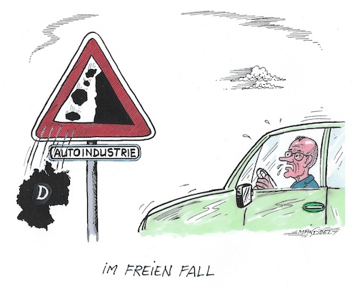 Cartoon: Auch das noch... (medium) by mandzel tagged deutschland,wirtschaft,autoindustrie,abwärtstrend,deutschland,wirtschaft,autoindustrie,abwärtstrend