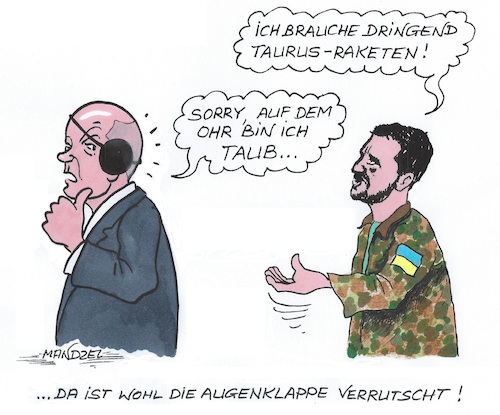 Cartoon: Auf einem Ohr taub (medium) by mandzel tagged scholz,ukraine,marschflugkörper,selenskyj,augenklappe,taubheit,verteidigung,russland,putin,scholz,ukraine,marschflugkörper,selenskyj,augenklappe,taubheit,verteidigung,russland,putin