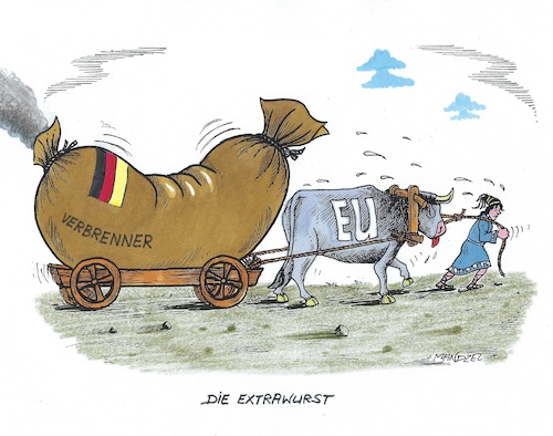 Cartoon: Belastung für die EU (medium) by mandzel tagged wissing,deutschland,klima,co2,verbrenner,extrawurst,wissing,deutschland,klima,co2,verbrenner,extrawurst