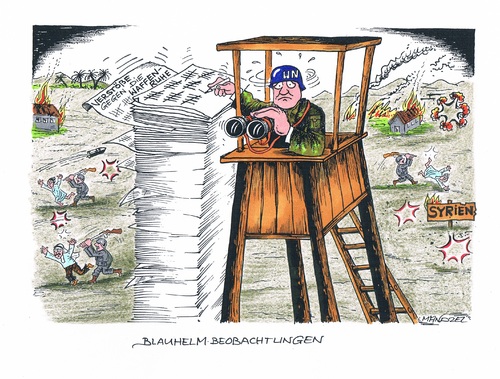 Cartoon: Blauhelme in Syrien (medium) by mandzel tagged waffenruhe,syrien,gräueltaten,misshandlungen,strichliste,waffenruhe,syrien,misshandlungen,gräueltaten