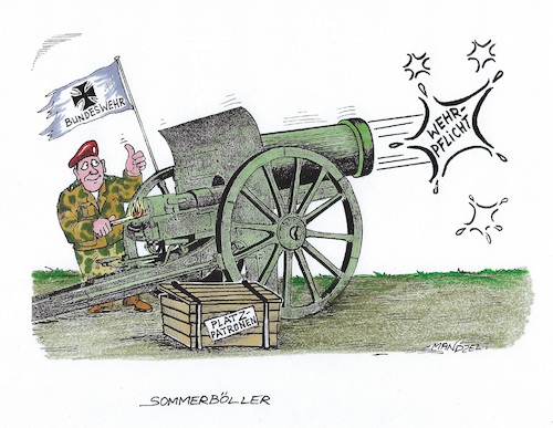 Cartoon: Bundeswehr-Getöse (medium) by mandzel tagged bundeswehr,wehrpflicht,böllerschüsse,platzpatronen,deutschland,sommerloch,bundeswehr,wehrpflicht,böllerschüsse,platzpatronen,deutschland,sommerloch