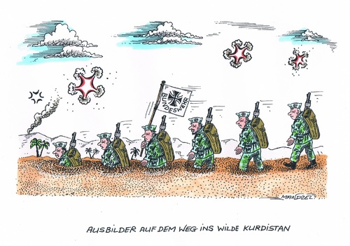 Cartoon: Bundeswehr in den Irak (medium) by mandzel tagged bundeswehrausbilder,kurden,irak,is,bundeswehrausbilder,kurden,irak,is