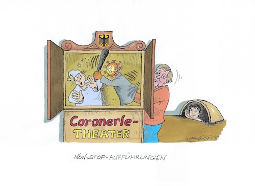 Cartoon: Corona-Spiele (medium) by mandzel tagged kneipensterben,corona,merkel,pandemieregeln,deutschland,mandzel,karikatur,drosten,kneipensterben,corona,merkel,pandemieregeln,deutschland,mandzel,karikatur,drosten