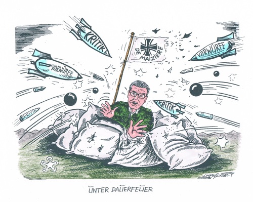 Cartoon: De Maiziere in der Schusslinie (medium) by mandzel tagged verteidigungsminister,vorwürfe,kritik,beschuss,drohnenaffäre,verteidigungsminister,vorwürfe,kritik,beschuss,drohnenaffäre