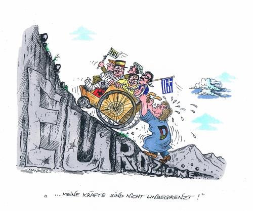 Cartoon: Deutschlands begrenzte Kräfte (medium) by mandzel tagged merkel,eurozone,angeschlagene,länder,rollstuhl,merkel,eurozone,angeschlagene