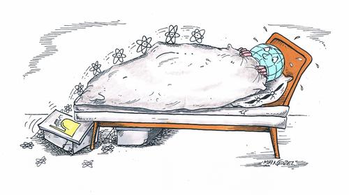 Cartoon: Die Welt in Angst vor dem Atom (medium) by mandzel tagged atome,angst,bett,albtraum,welt,bettdecke