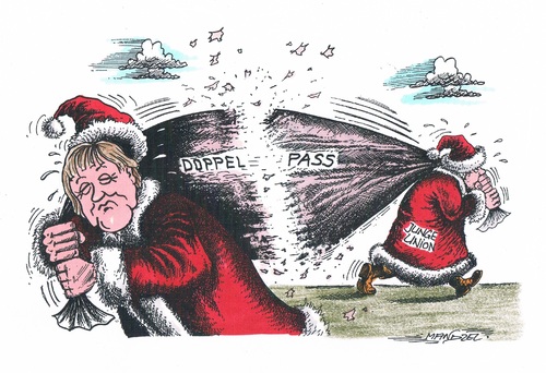 Cartoon: Doppelpass-Kontroverse (medium) by mandzel tagged doppelpass,union,merkel,parteitag,uneinigkeit,weihnachtsmänner,doppelpass,union,merkel,parteitag,uneinigkeit,weihnachtsmänner