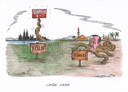 Cartoon: Erdogans lange Arme (medium) by mandzel tagged türkei,erdogan,demonstrationen,köln,türkei,erdogan,demonstrationen,köln