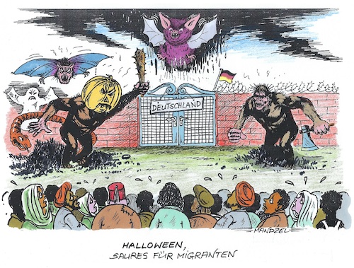 Cartoon: Erschwernisse für Migranten (medium) by mandzel tagged deutschland,ampel,migranten,politik,halloween,asyl,schrecken,angst,horror,deutschland,ampel,migranten,politik,halloween,asyl,schrecken,angst,horror