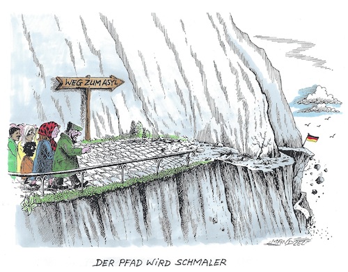 Cartoon: Erschwernisse für Migranten (medium) by mandzel tagged deutschland,politik,asyl,schrecken,deutschland,politik,asyl,schrecken