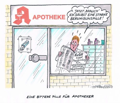 Cartoon: EuGH-Urteil (medium) by mandzel tagged apotheker,medikamente,verschreibungspflicht,gerichtsurteil,beruhigungspillen,apotheker,medikamente,verschreibungspflicht,gerichtsurteil,beruhigungspillen