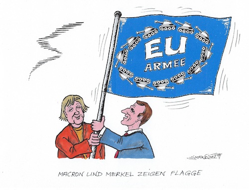 Cartoon: Fahnenschwinger (medium) by mandzel tagged macron,merkel,eu,armee,verteidigung,friedenssicherung,macron,merkel,eu,armee,verteidigung,friedenssicherung