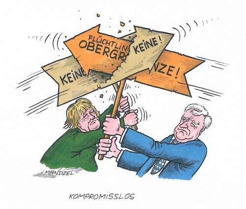 Cartoon: Harte Gegensätze (medium) by mandzel tagged flüchtlingsobergrenze,merkel,seehofer,wahlkampf,zuwanderer,uneinigkeit,flüchtlingsobergrenze,merkel,seehofer,wahlkampf,zuwanderer,uneinigkeit