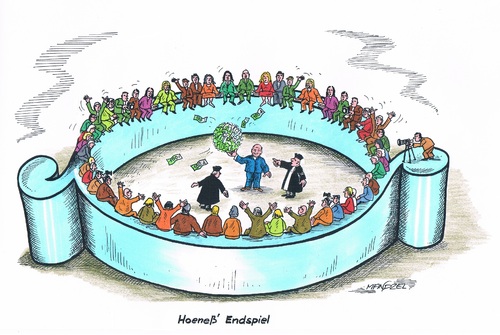 Cartoon: Hoeneß schwerer Kampf (medium) by mandzel tagged hoeneß,richter,geld,steuerhinterziehung,hoeneß,richter,geld,steuerhinterziehung